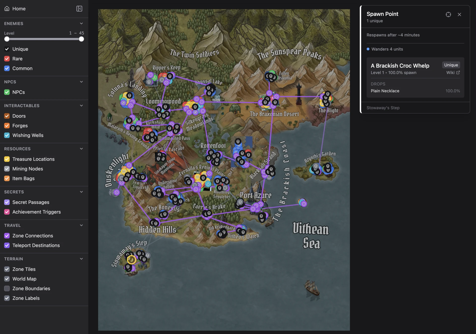 Interactive world map of Erenshor with spawn and NPC markers